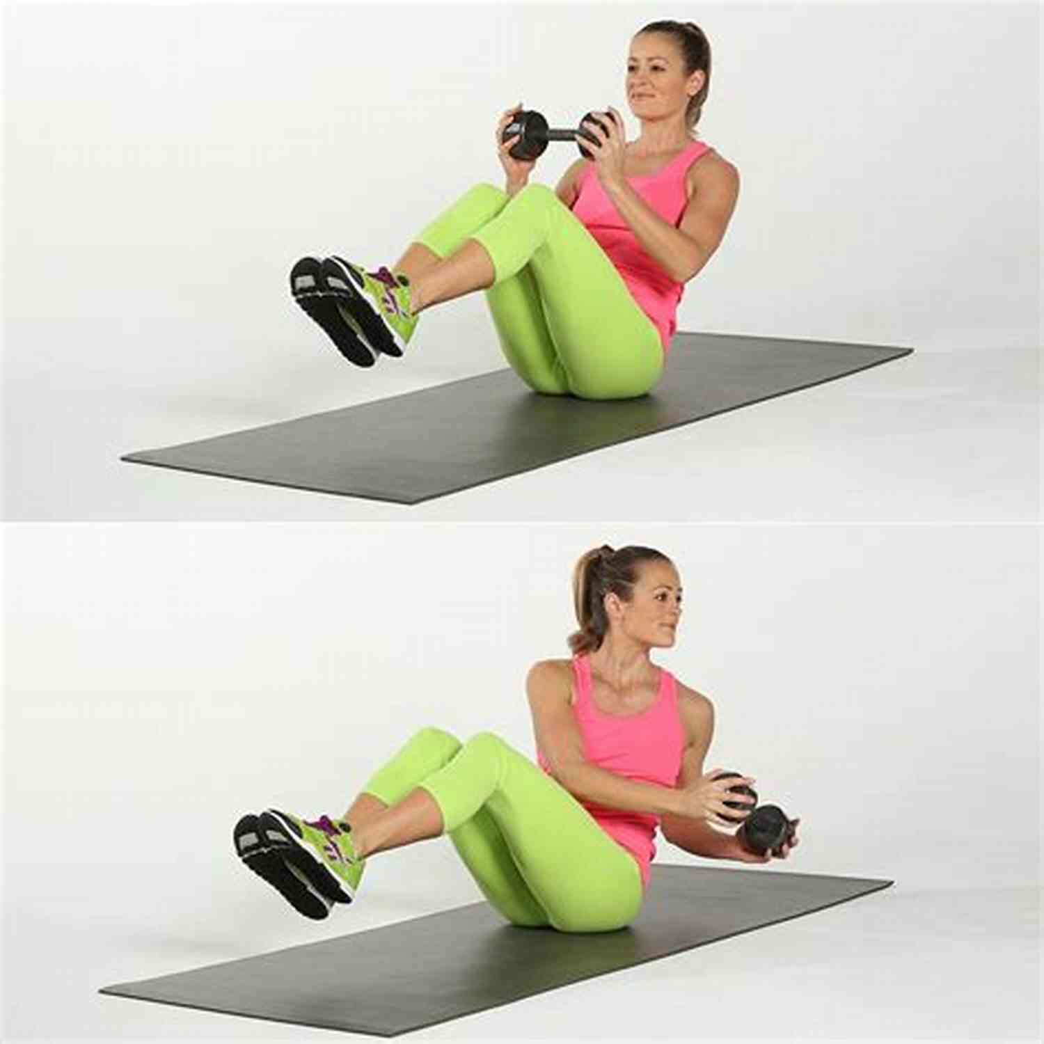 Woman Performing Russian Twists HOME WORKOUTS FOR WOMEN HOT ABS EXERSISES IN PICTURES